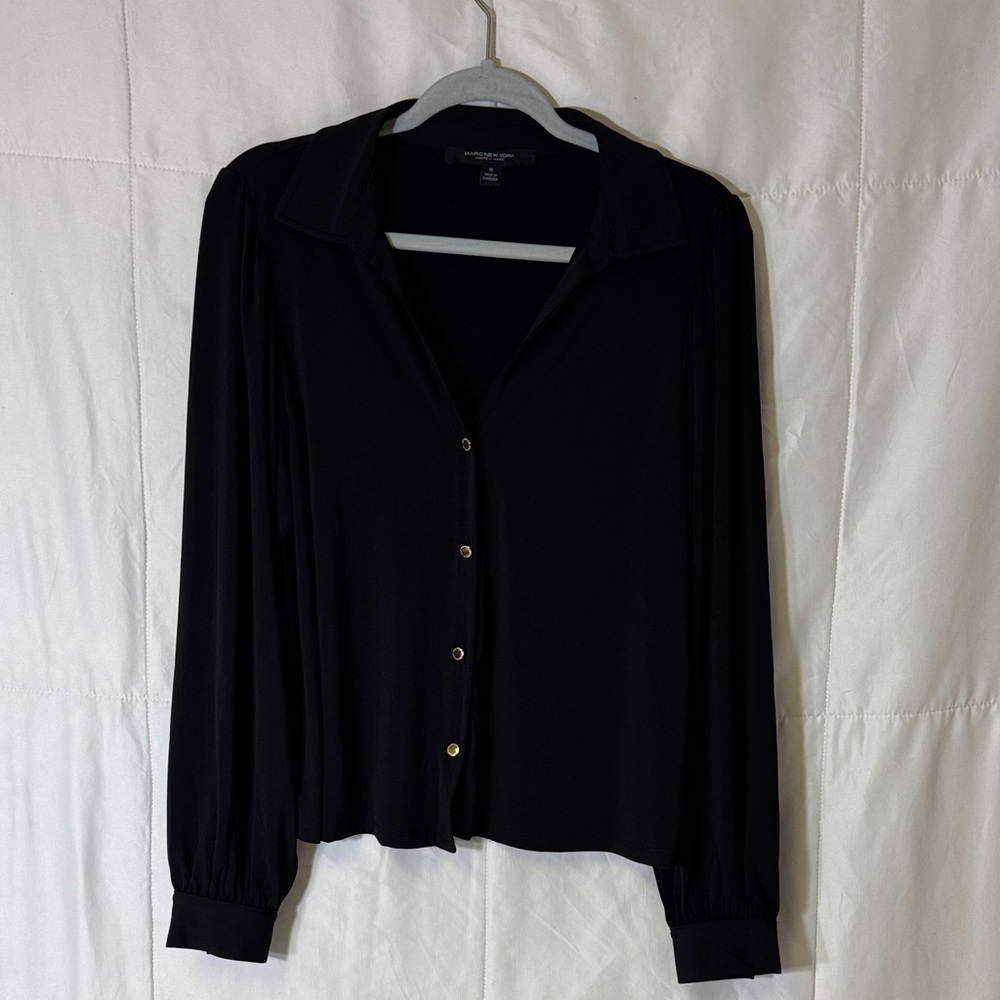 Marc New‎ York Andrew Marc Black Button Front Blouse Gold Buttons Size M